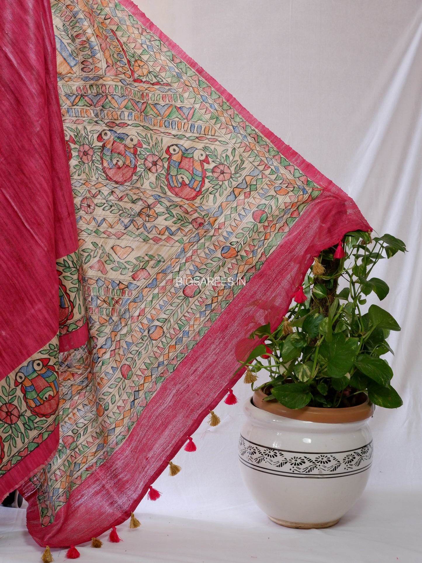 Handcrafted Madhubani Saree | Pure Tussar Ghicha Silk | Silk Mark Certified | Pink