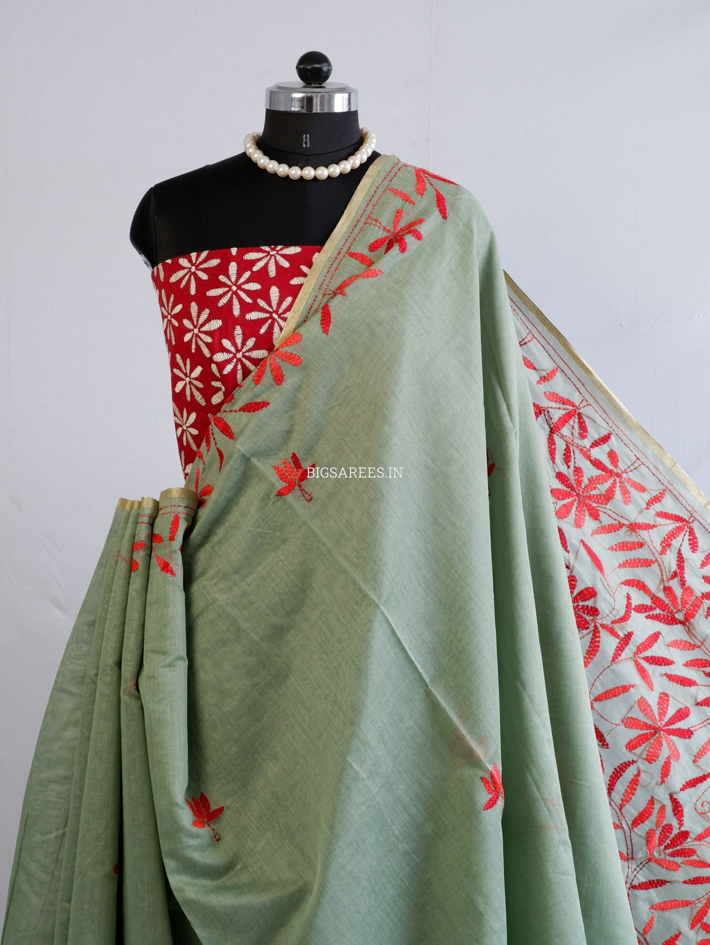 Kantha Stitch Semi Tussar with Blouse | Hand-Embroidered | Dark Sage