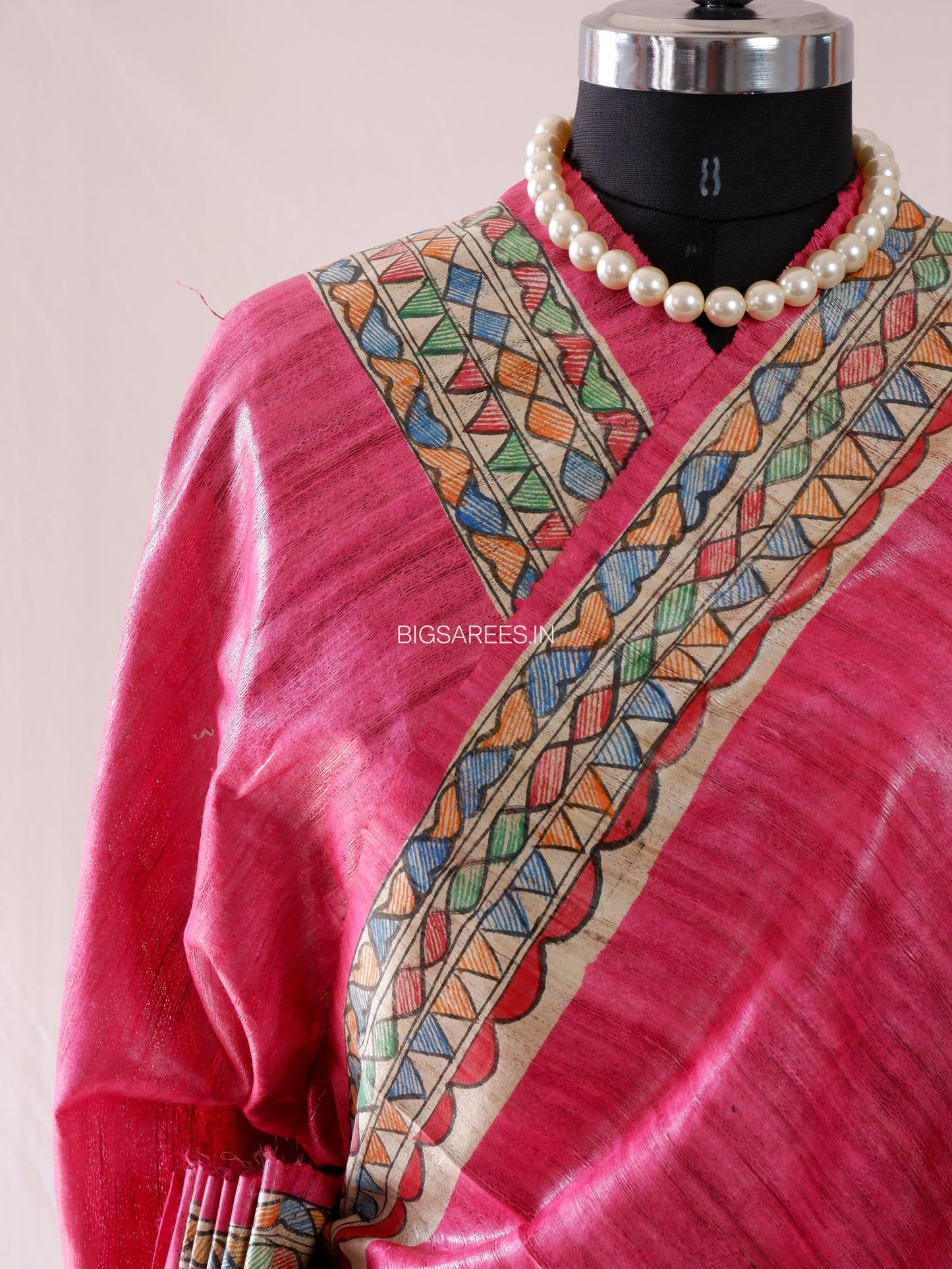 Handcrafted Madhubani Saree | Pure Tussar Ghicha Silk | Silk Mark Certified | Pink