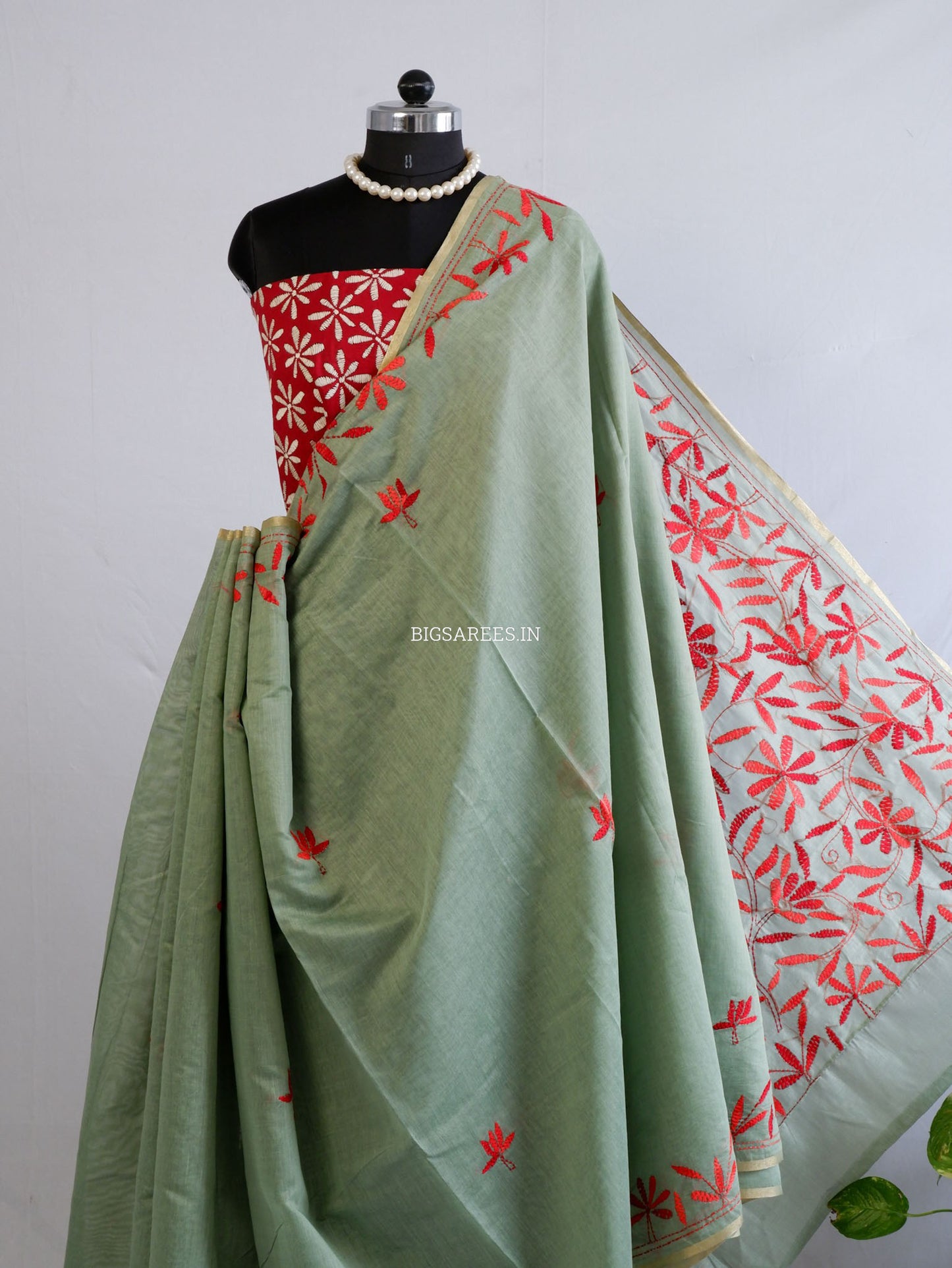 Kantha Stitch Semi Tussar with Blouse | Hand-Embroidered | Dark Sage