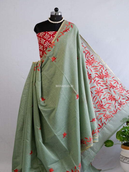 Kantha Stitch Semi Tussar with Blouse | Hand-Embroidered | Dark Sage