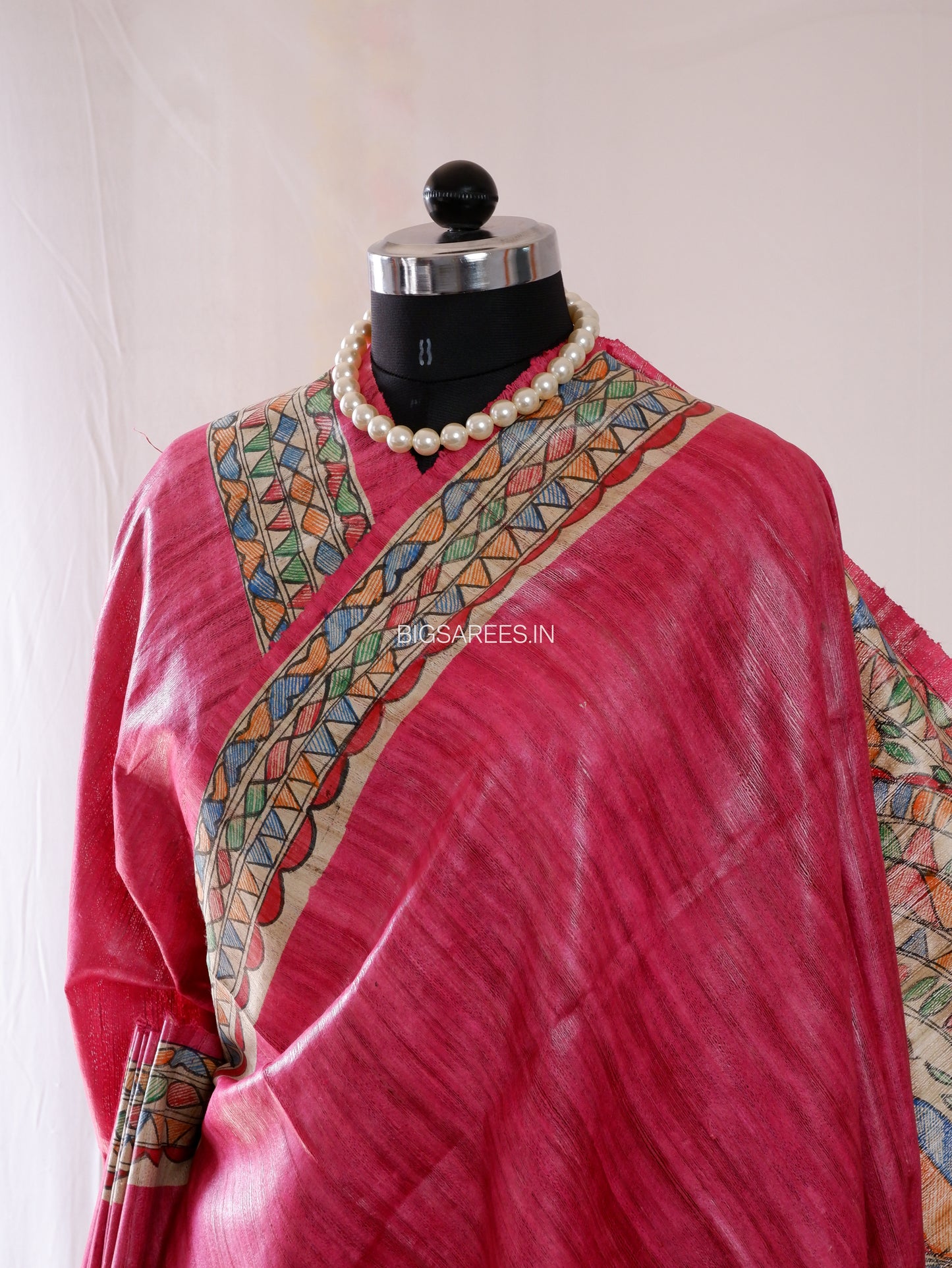 Handcrafted Madhubani Saree | Pure Tussar Ghicha Silk | Silk Mark Certified | Pink