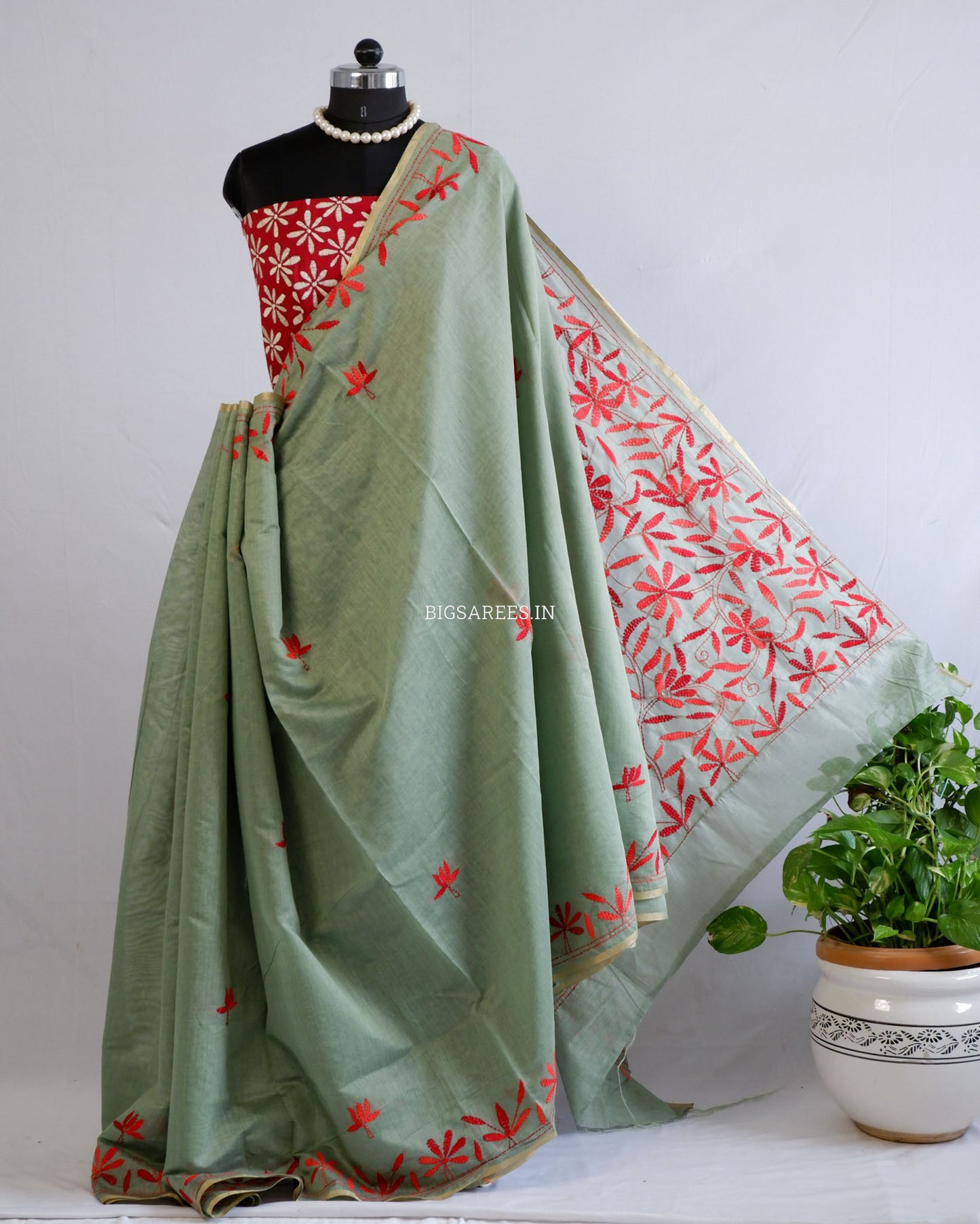 Kantha Stitch Semi Tussar with Blouse | Hand-Embroidered | Dark Sage