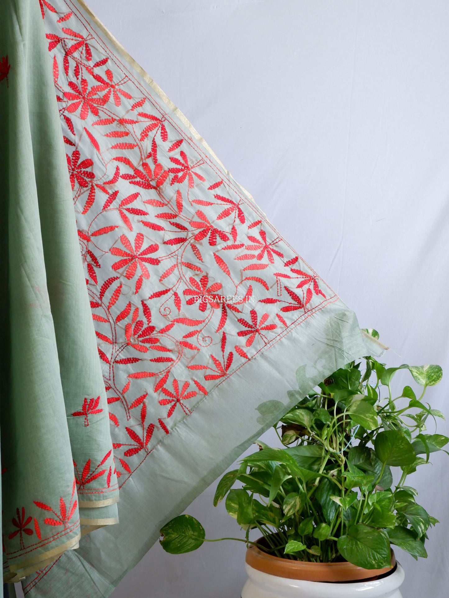 Kantha Stitch Semi Tussar with Blouse | Hand-Embroidered | Dark Sage