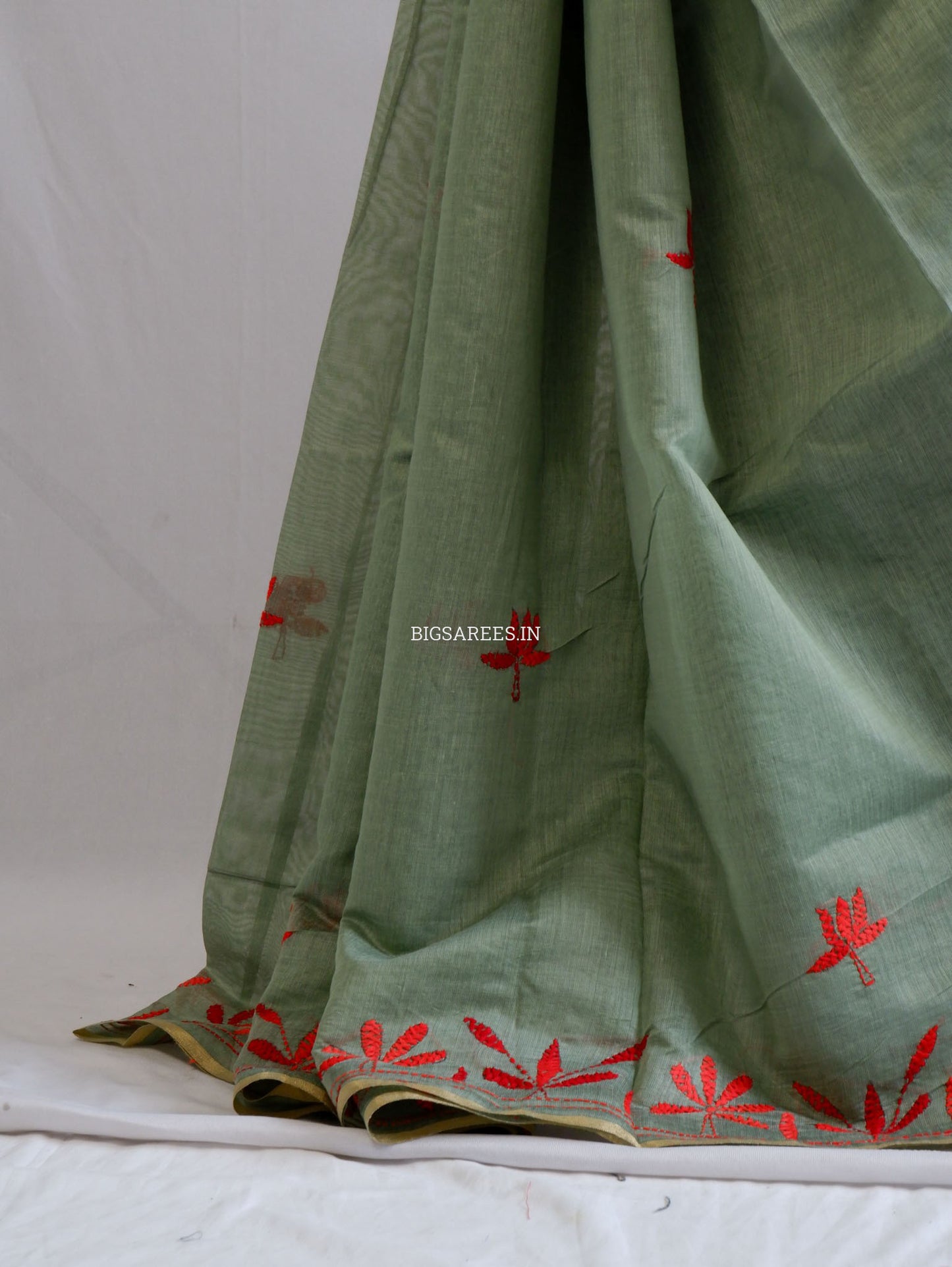 Kantha Stitch Semi Tussar with Blouse | Hand-Embroidered | Dark Sage
