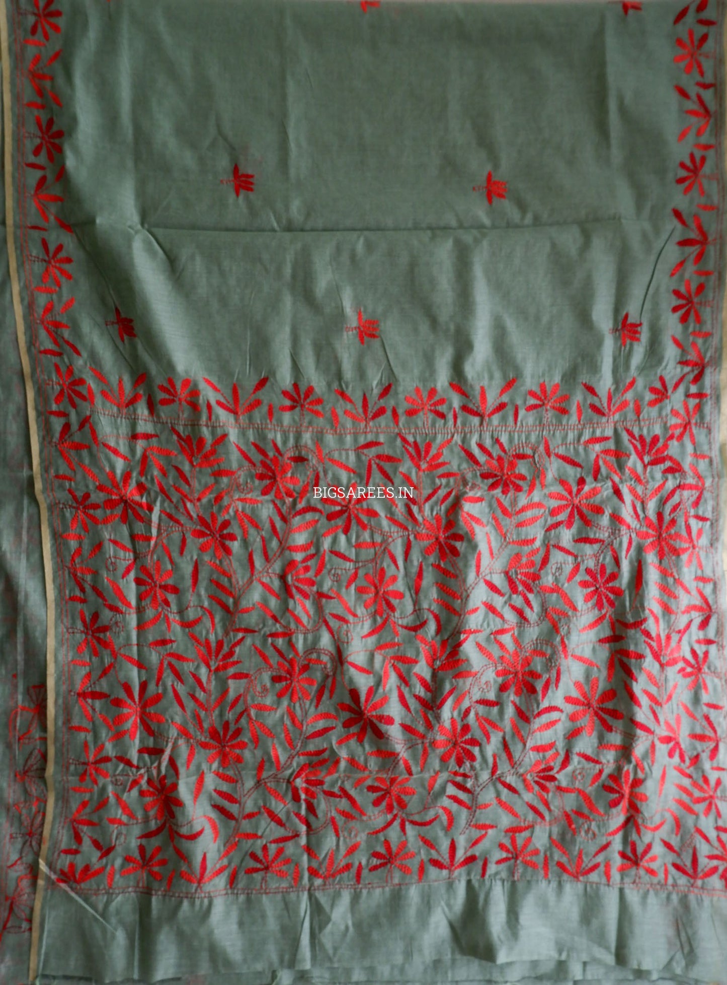 Kantha Stitch Semi Tussar with Blouse | Hand-Embroidered | Dark Sage