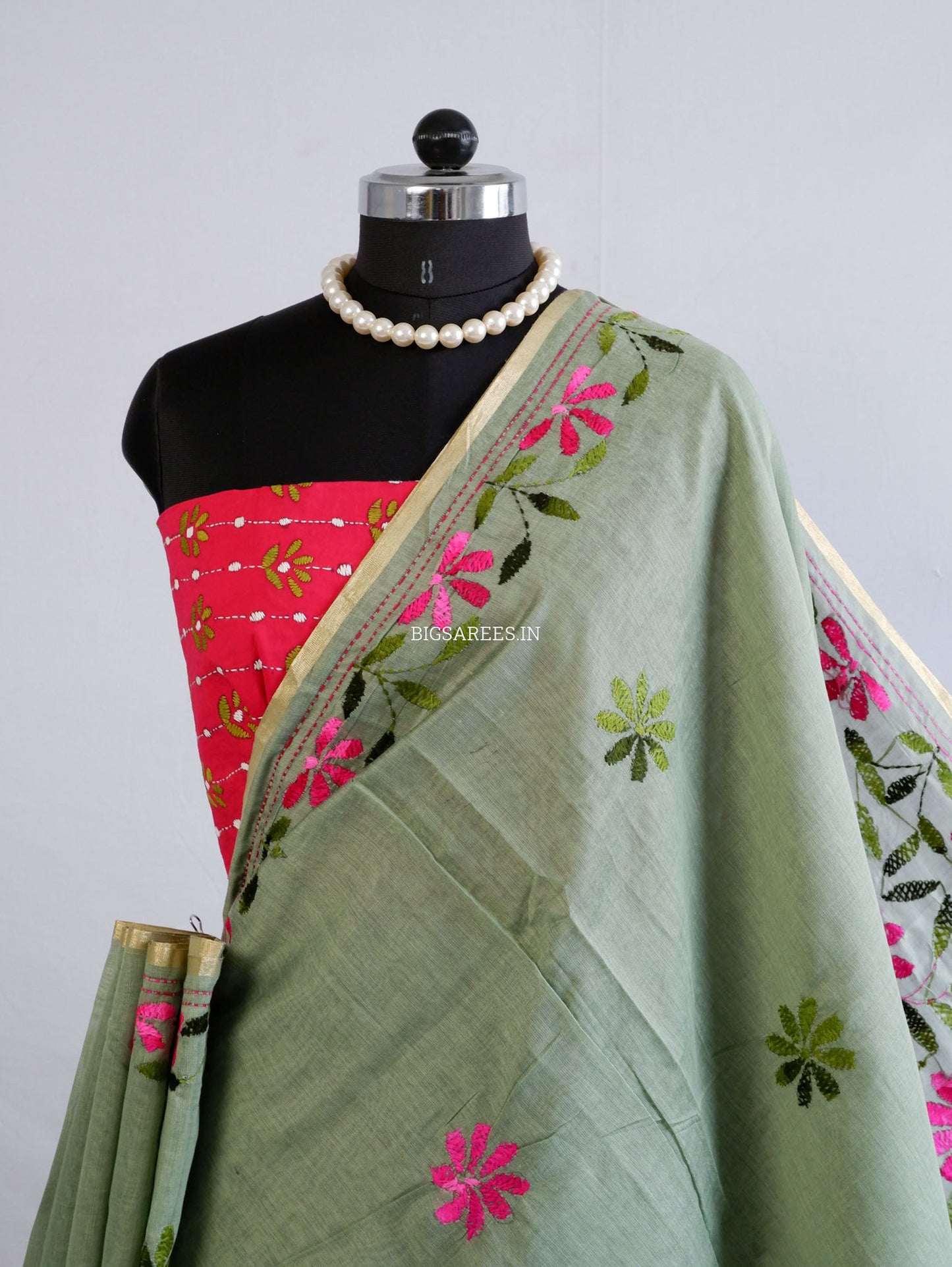 Kantha Stitch Semi Tussar with Blouse | Hand-Embroidered | Dark Sage