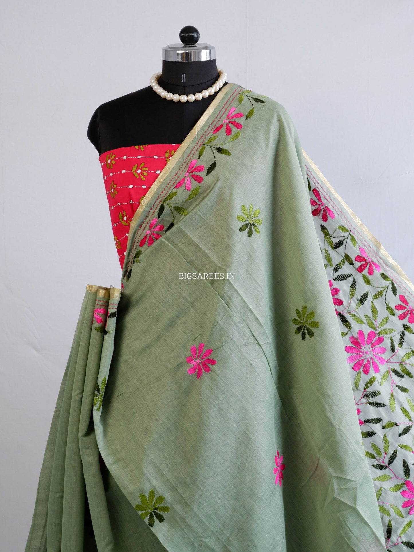 Kantha Stitch Semi Tussar with Blouse | Hand-Embroidered | Dark Sage
