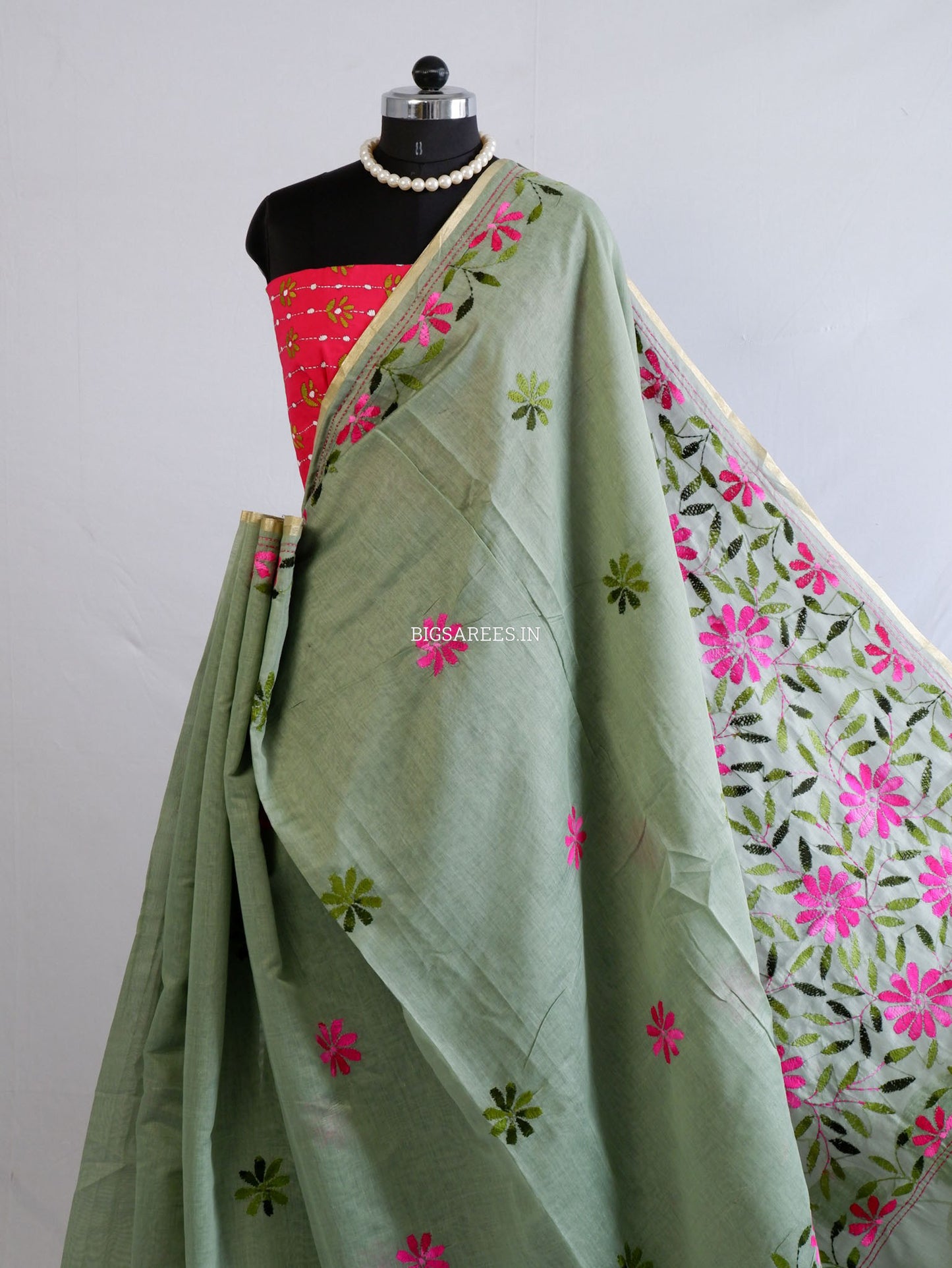 Kantha Stitch Semi Tussar with Blouse | Hand-Embroidered | Dark Sage