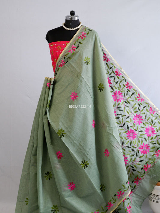 Kantha Stitch Semi Tussar with Blouse | Hand-Embroidered | Dark Sage