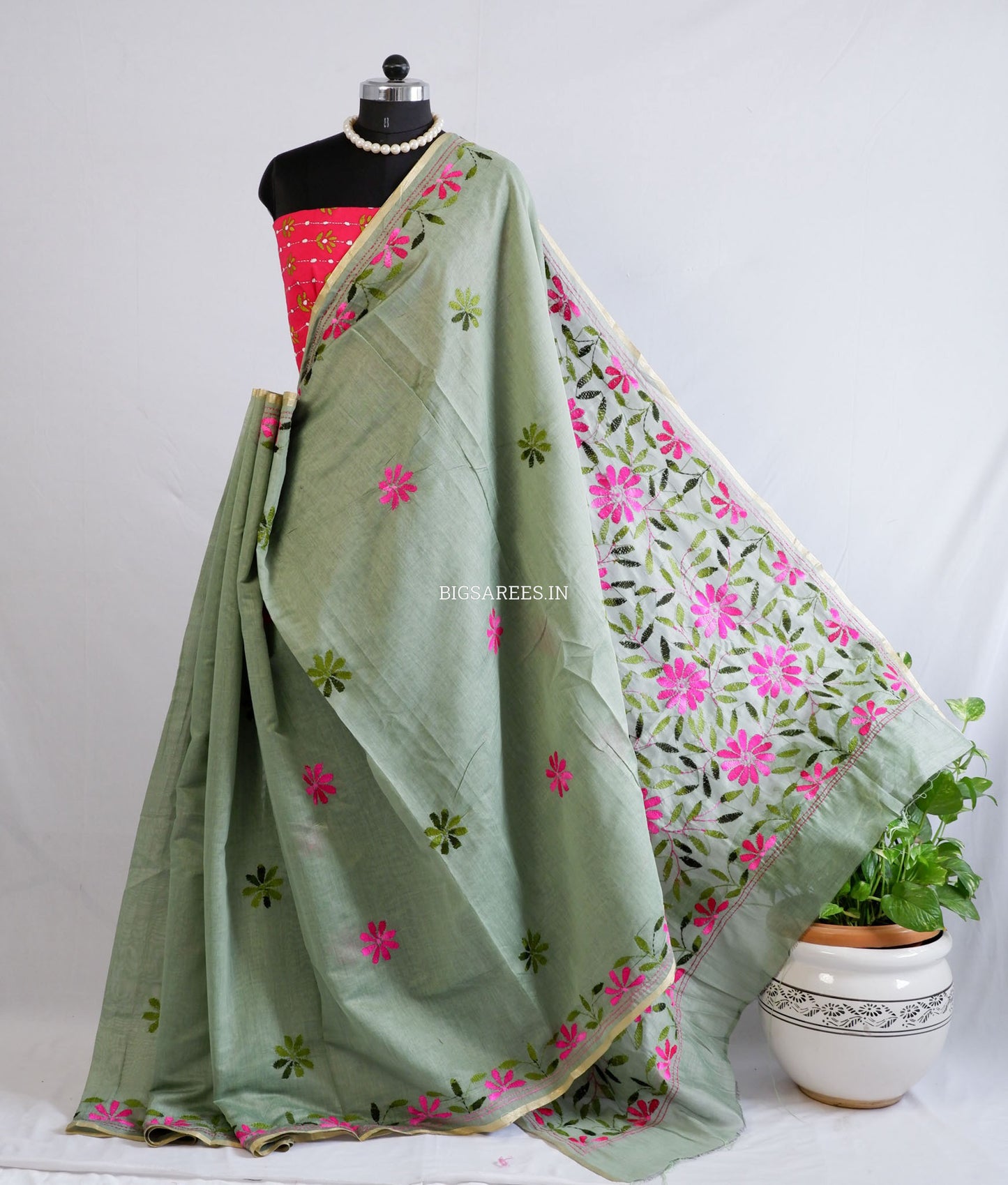 Kantha Stitch Semi Tussar with Blouse | Hand-Embroidered | Dark Sage