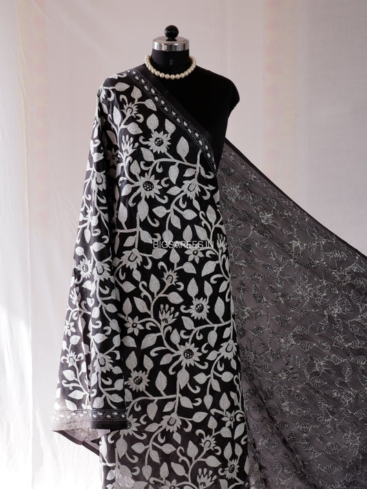 Kantha Hand-Embroidered Dupatta | Blended Bangalore Silk | Full Work | Black