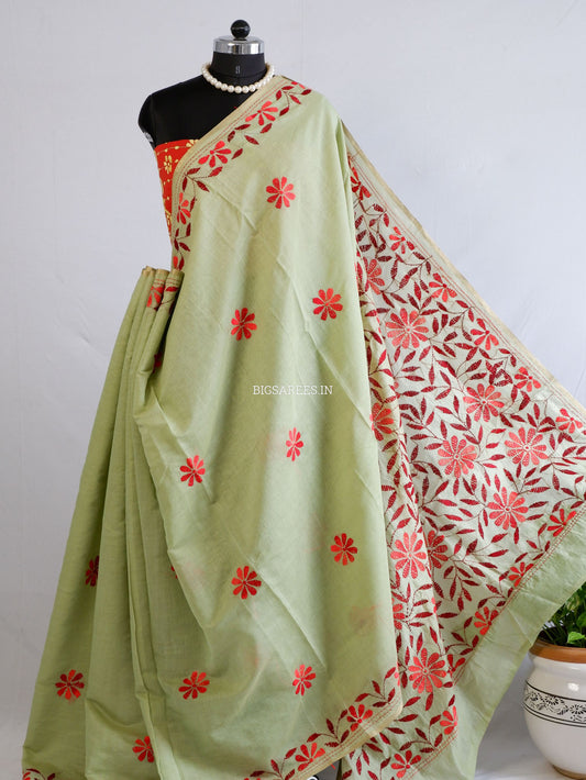 Kantha Stitch Semi Tussar with Blouse | Hand-Embroidered | Sage