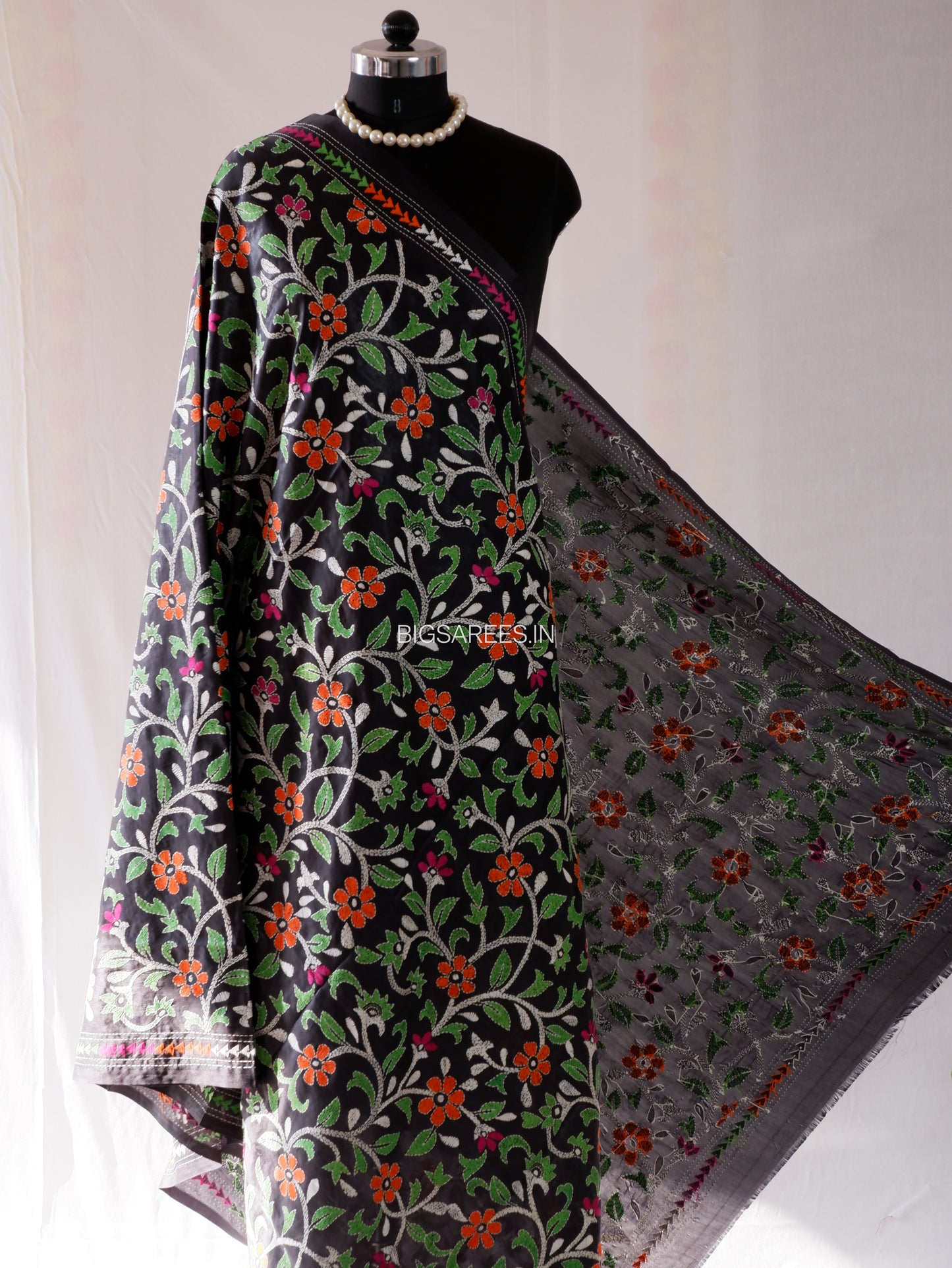 Kantha Hand-Embroidered Dupatta | Blended Bangalore Silk | Full Work | Black