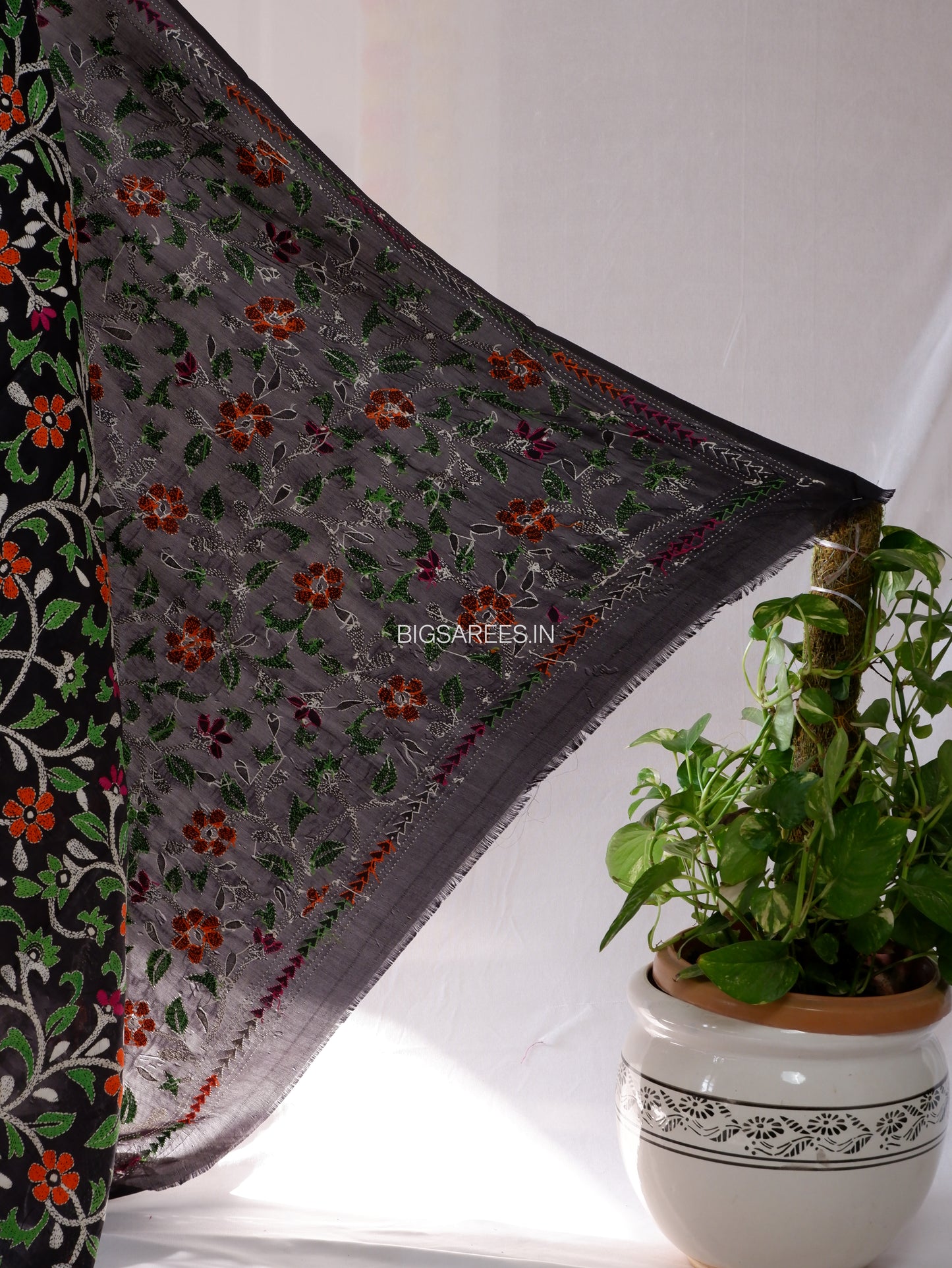 Kantha Hand-Embroidered Dupatta | Blended Bangalore Silk | Full Work | Black