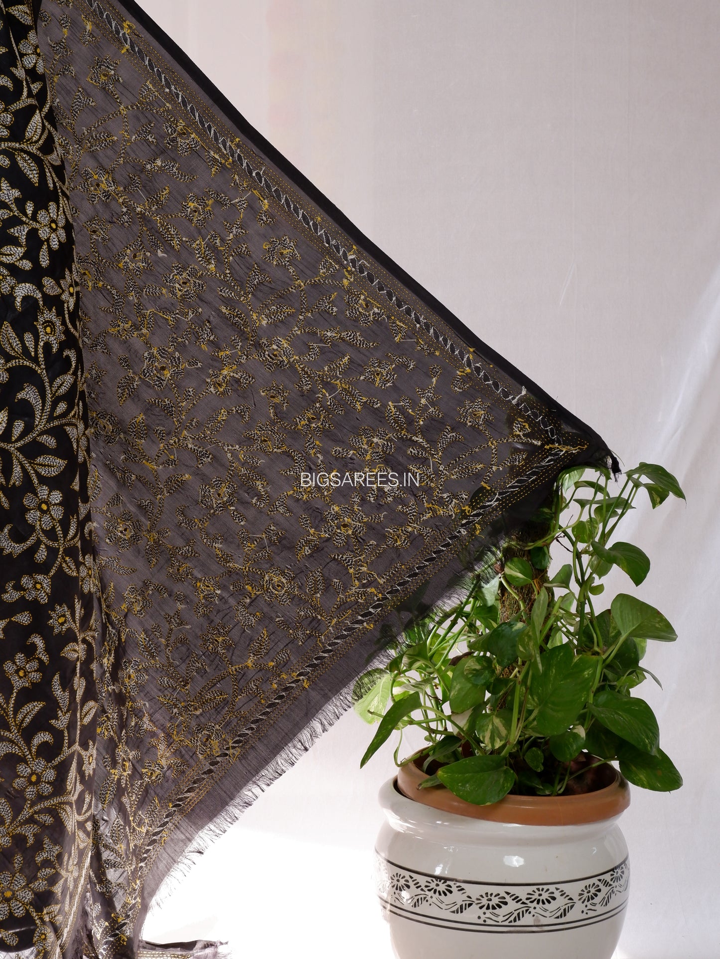 Kantha Hand-Embroidered Dupatta | Blended Bangalore Silk | Full Work | Black