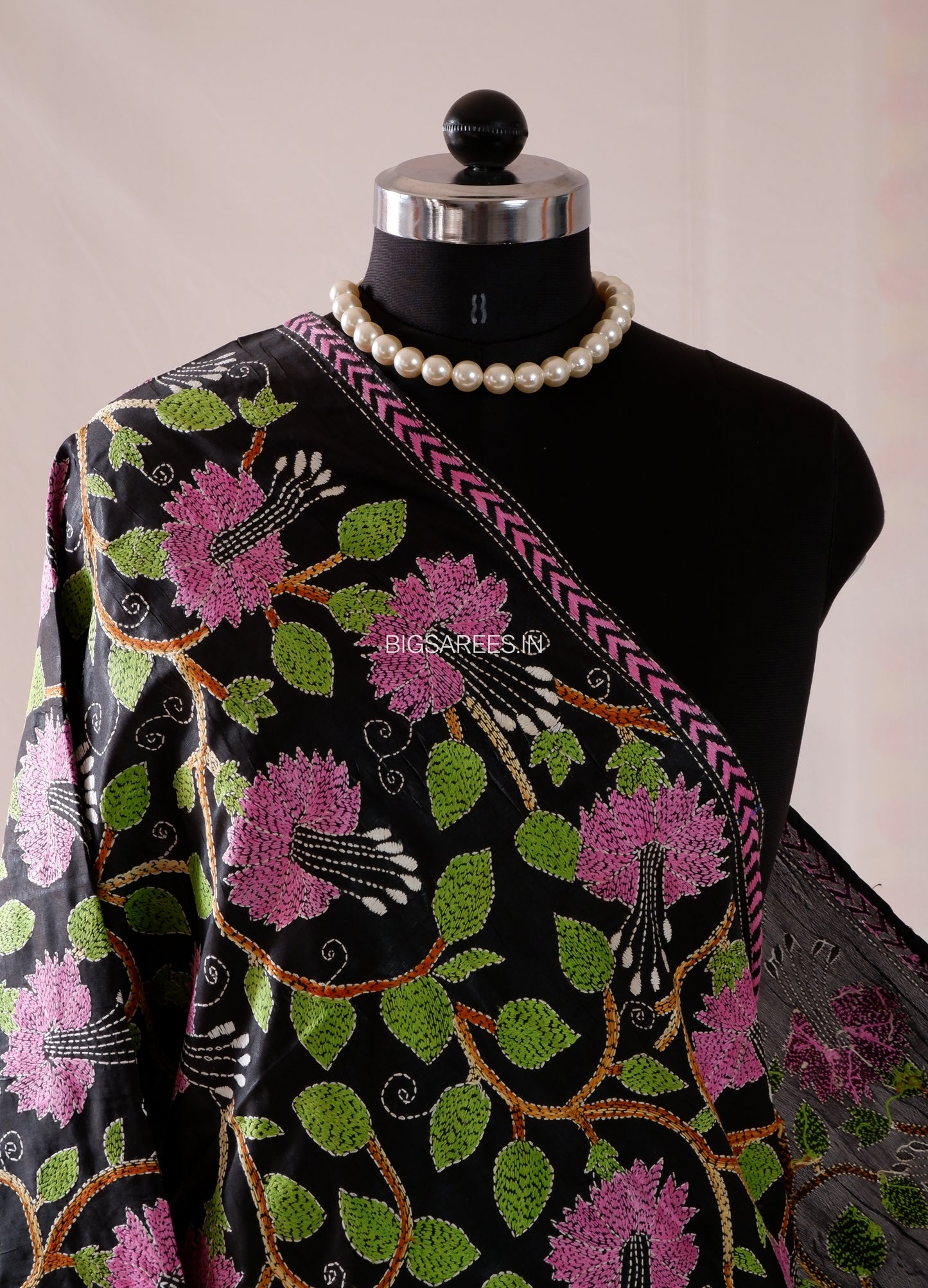 Kantha Hand-Embroidered Dupatta | Blended Bangalore Silk | Full Work | Black