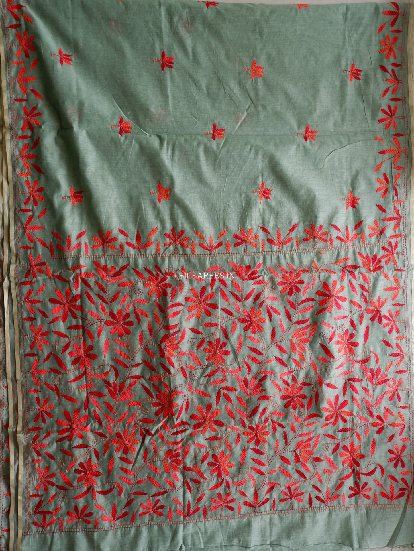 Kantha Stitch Semi Tussar with Blouse | Hand-Embroidered | Dark Sage