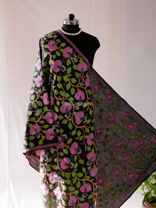 Kantha Hand-Embroidered Dupatta | Blended Bangalore Silk | Full Work | Black