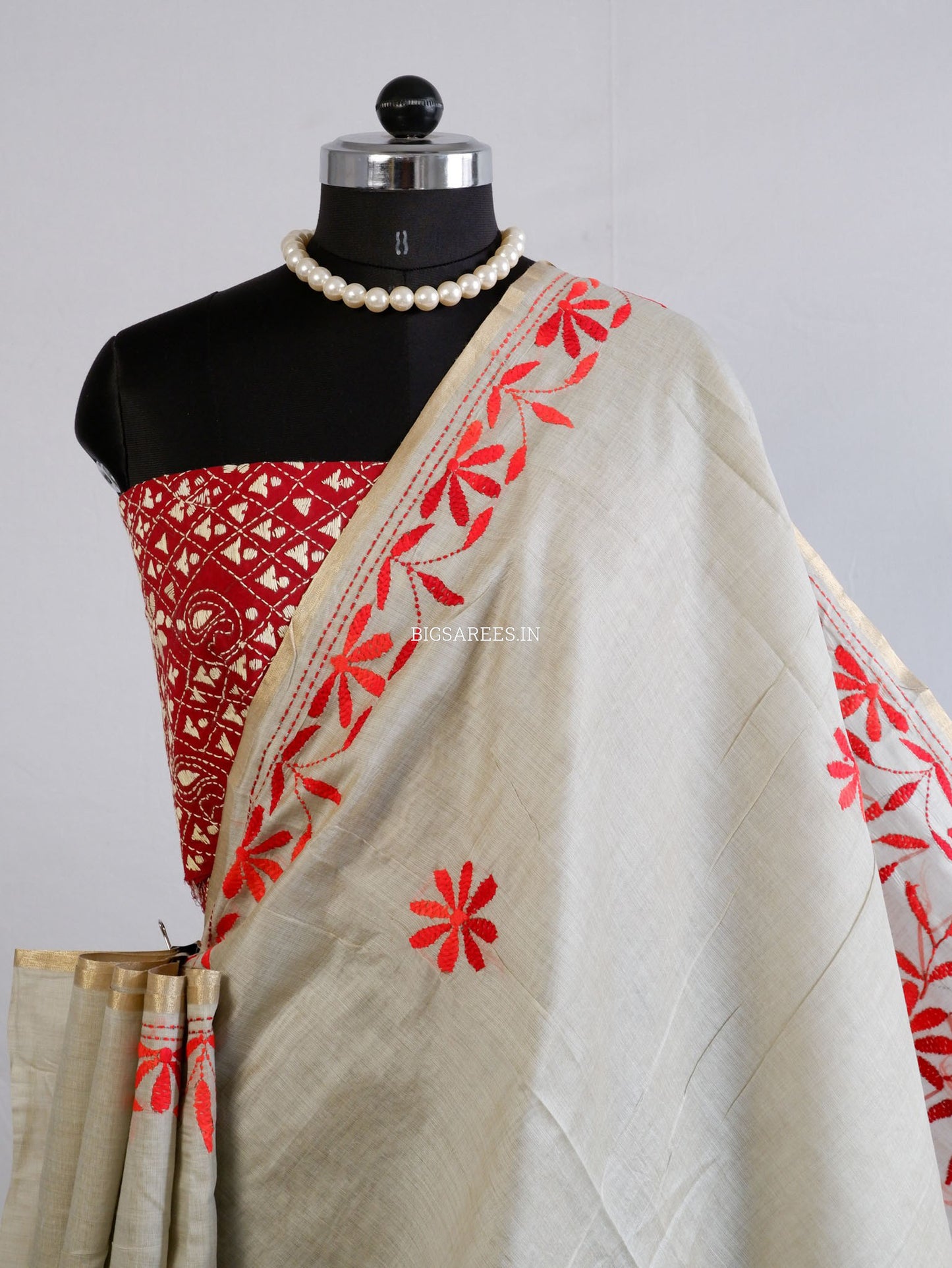 Kantha Stitch Semi Tussar with Blouse | Hand-Embroidered | White Sage