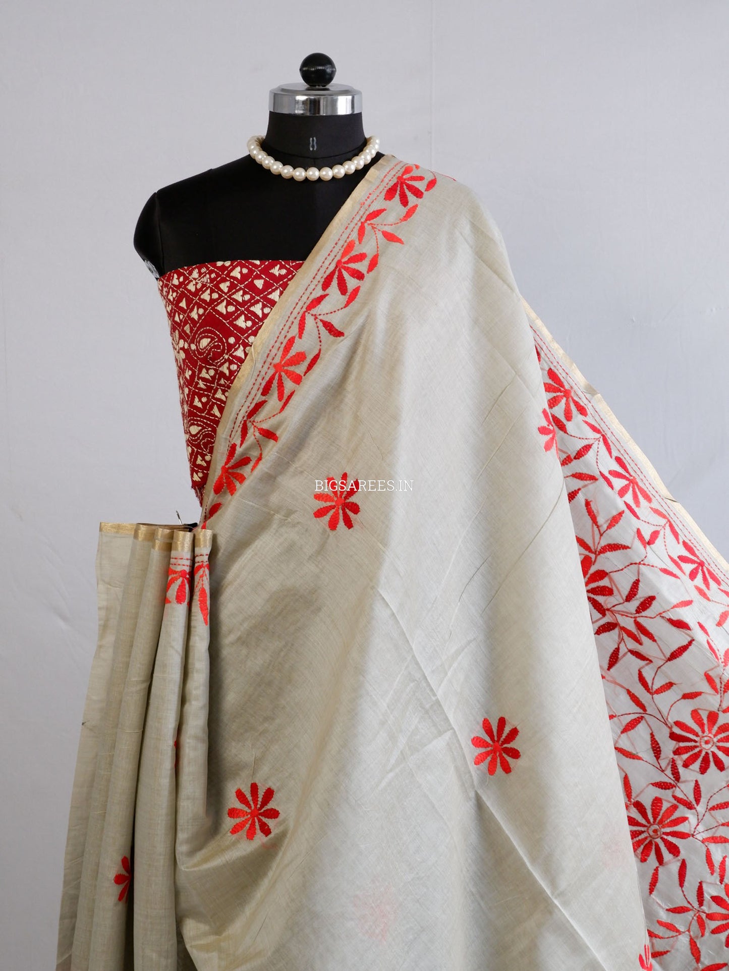 Kantha Stitch Semi Tussar with Blouse | Hand-Embroidered | White Sage