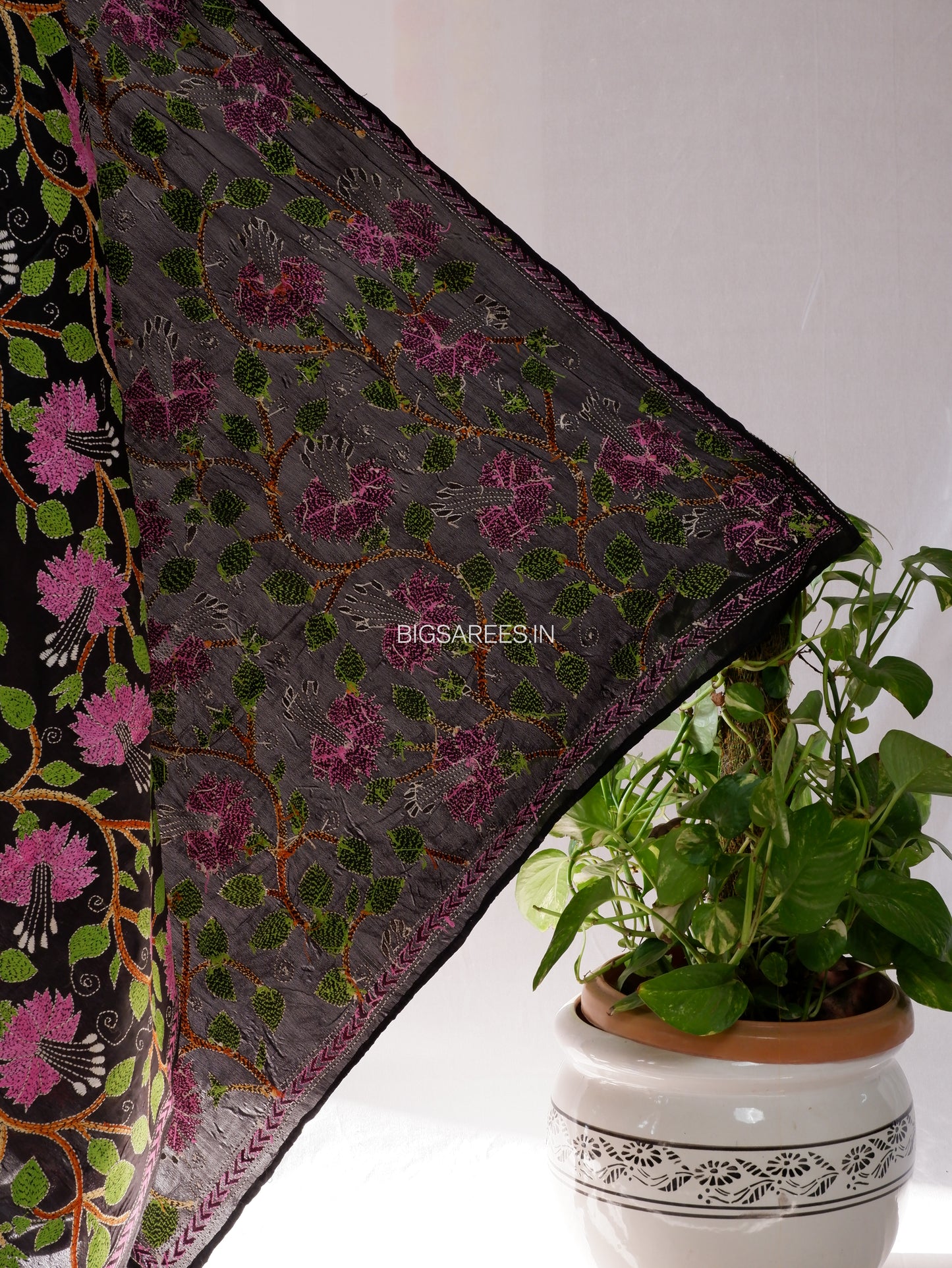 Kantha Hand-Embroidered Dupatta | Blended Bangalore Silk | Full Work | Black