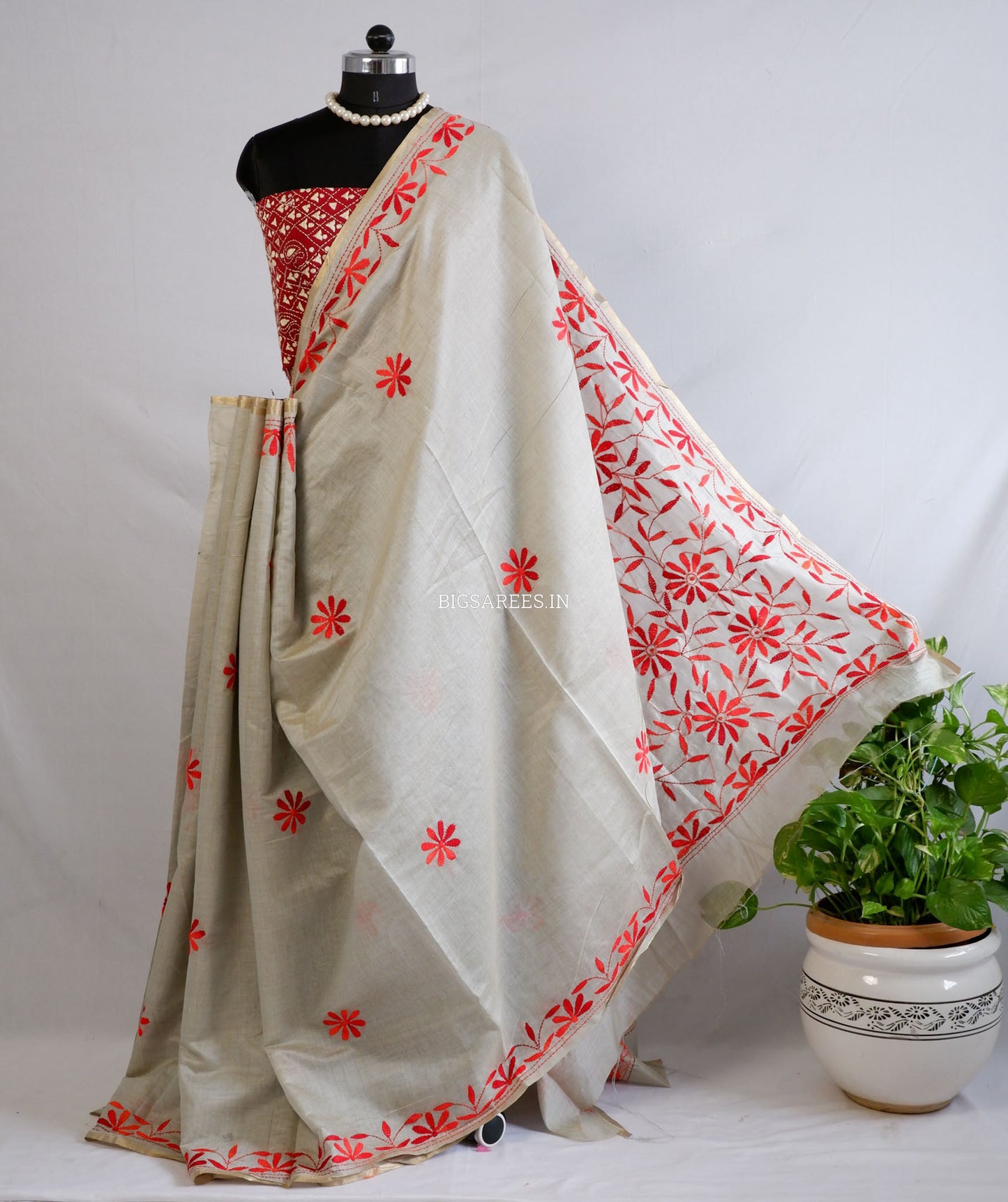 Kantha Stitch Semi Tussar with Blouse | Hand-Embroidered | White Sage