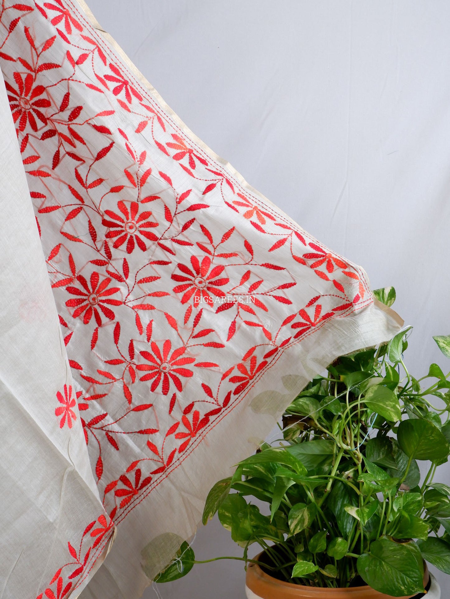 Kantha Stitch Semi Tussar with Blouse | Hand-Embroidered | White Sage