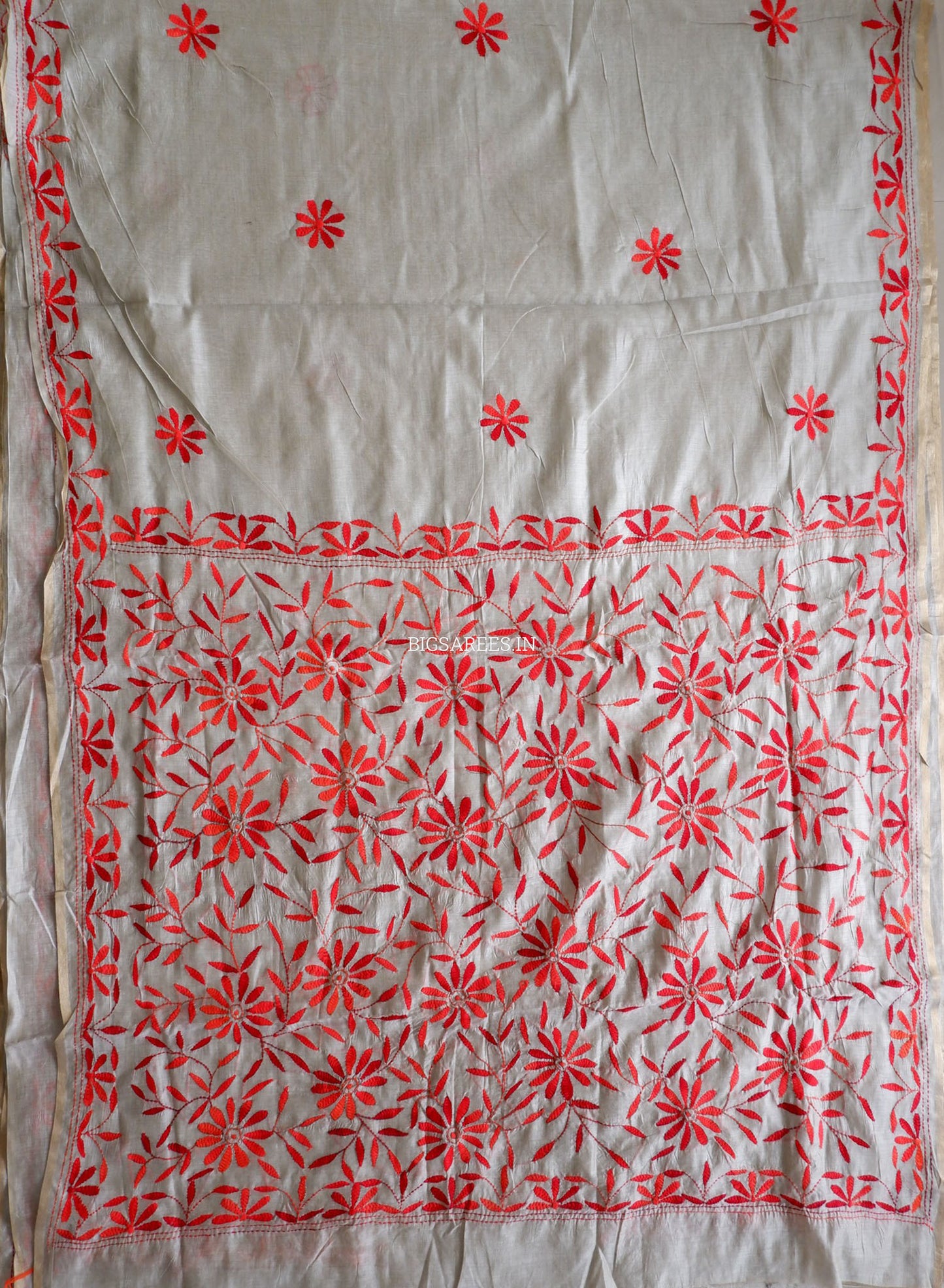 Kantha Stitch Semi Tussar with Blouse | Hand-Embroidered | White Sage