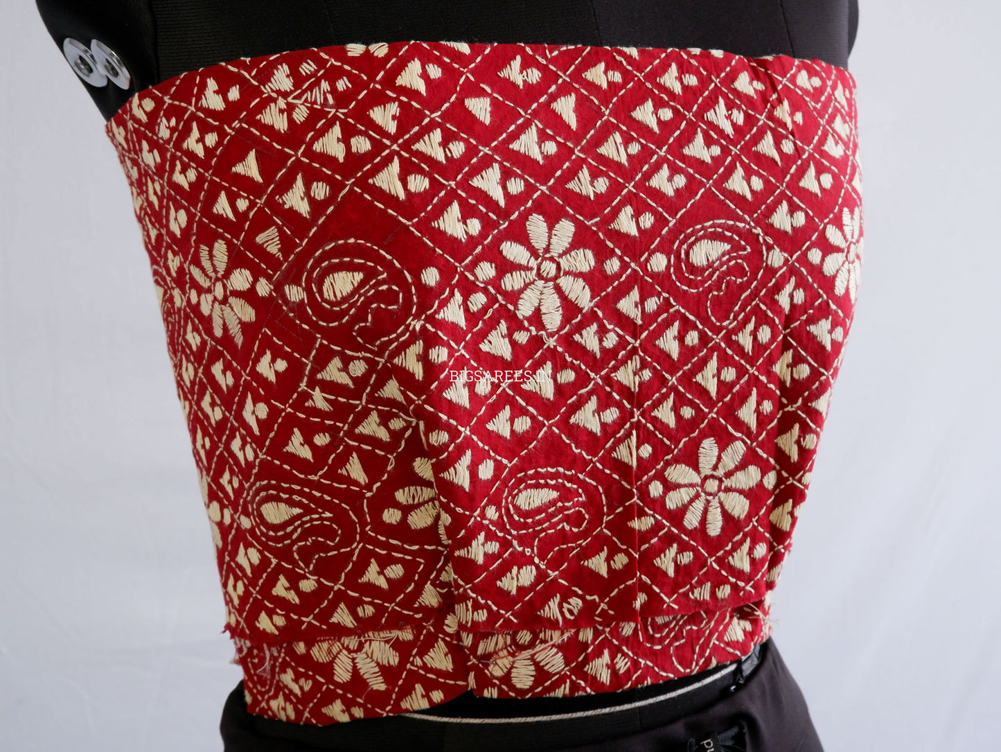 Kantha Stitch Semi Tussar with Blouse | Hand-Embroidered | White Sage
