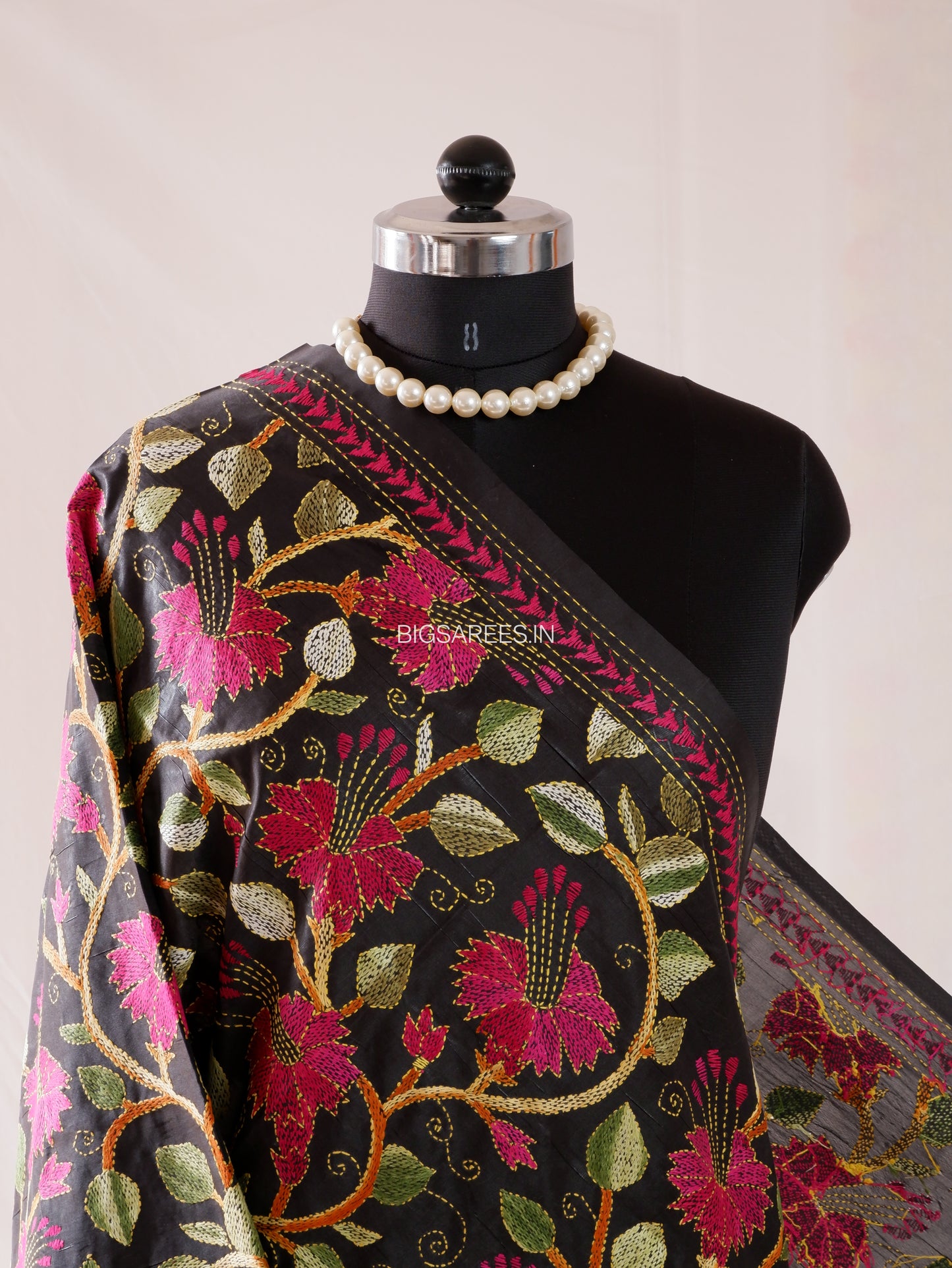 Kantha Hand-Embroidered Dupatta | Blended Bangalore Silk | Full Work | Black