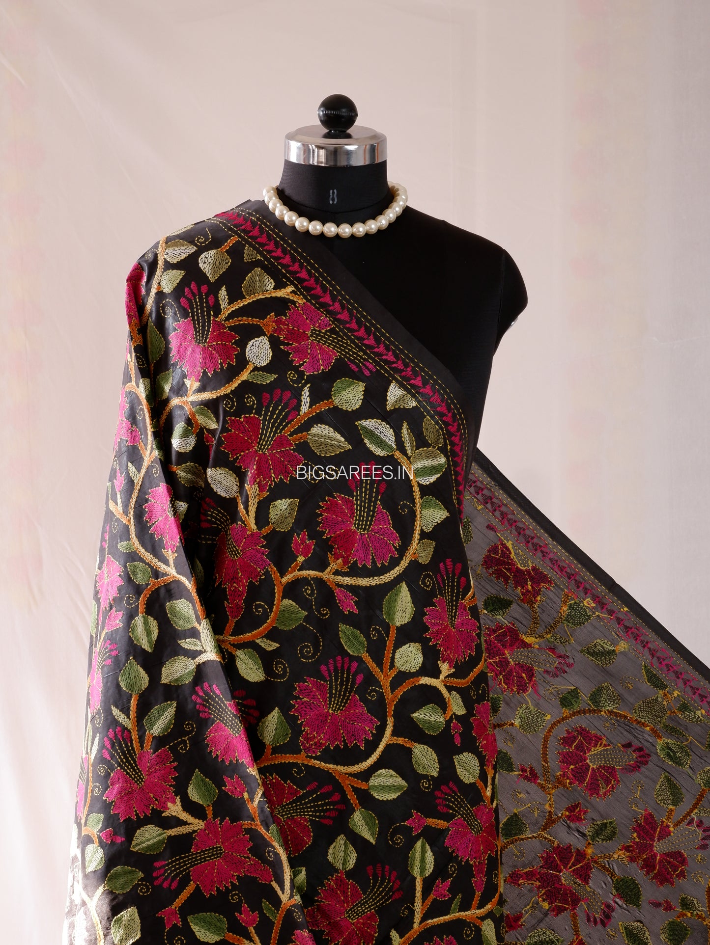 Kantha Hand-Embroidered Dupatta | Blended Bangalore Silk | Full Work | Black
