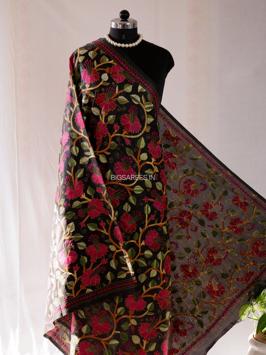 Kantha Hand-Embroidered Dupatta | Blended Bangalore Silk | Full Work | Black