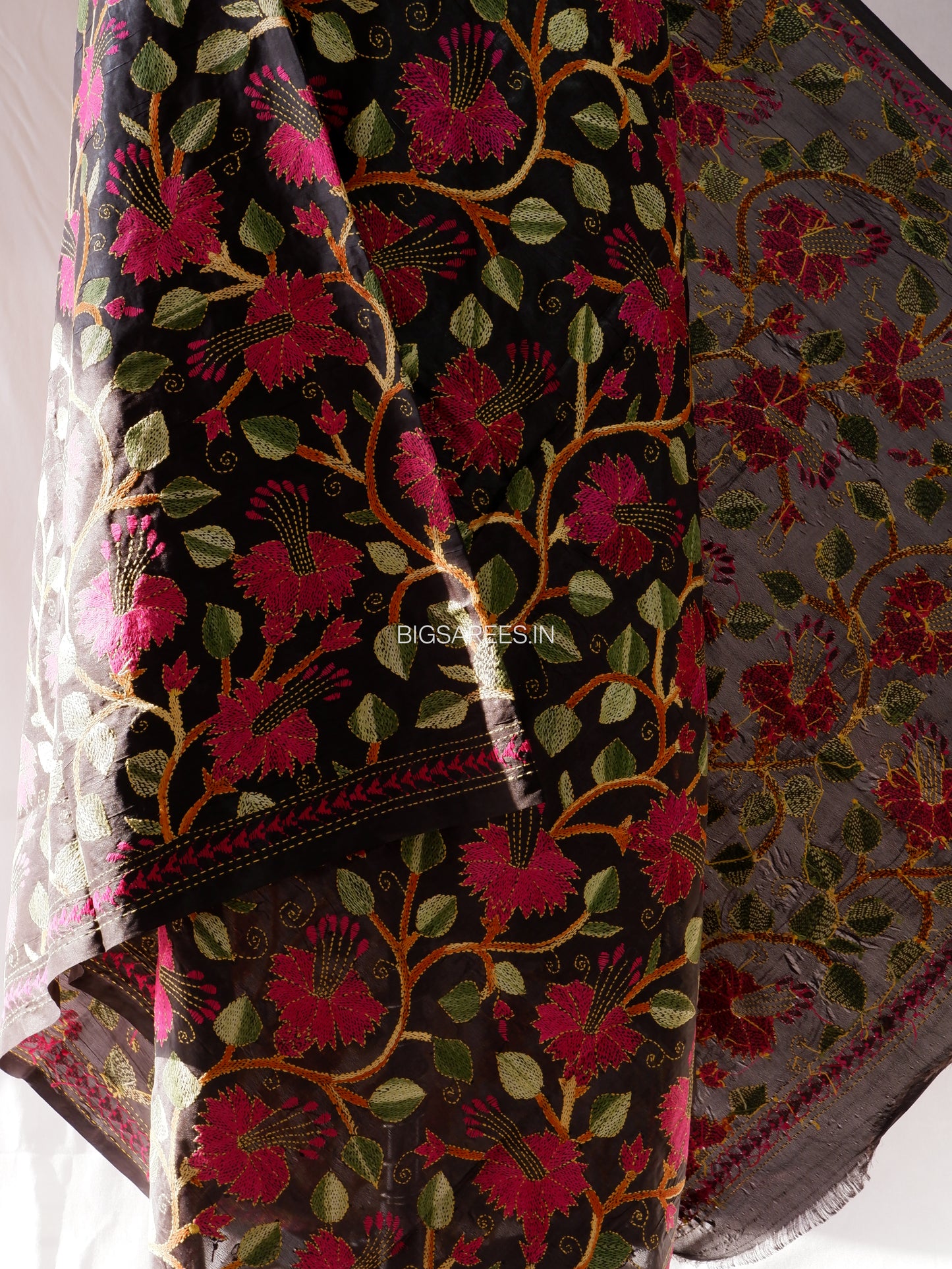 Kantha Hand-Embroidered Dupatta | Blended Bangalore Silk | Full Work | Black