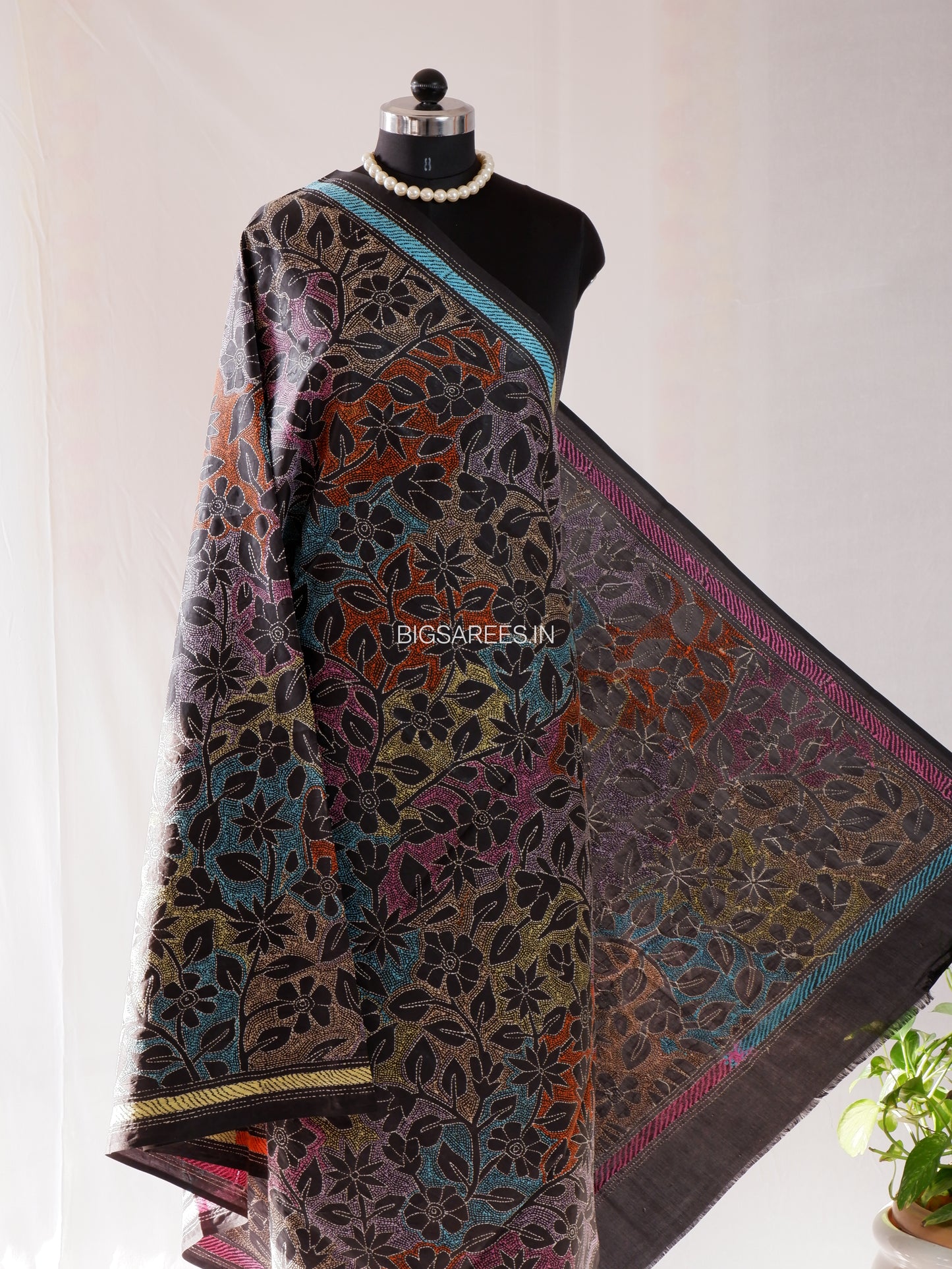 Reverse Kantha Hand-Embroidered Dupatta | Blended Bangalore Silk | Full Work | Black