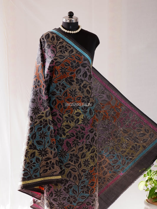 Reverse Kantha Hand-Embroidered Dupatta | Blended Bangalore Silk | Full Work | Black