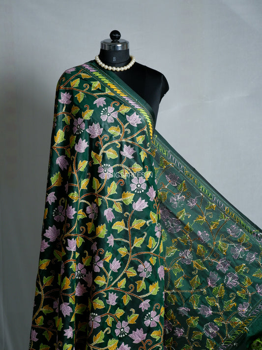 Kantha Hand-Embroidered Dupatta | Blended Bangalore Silk | Full Work | Emerald Green