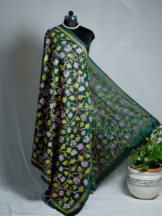 Kantha Hand-Embroidered Dupatta | Blended Bangalore Silk | Full Work | Emerald Green