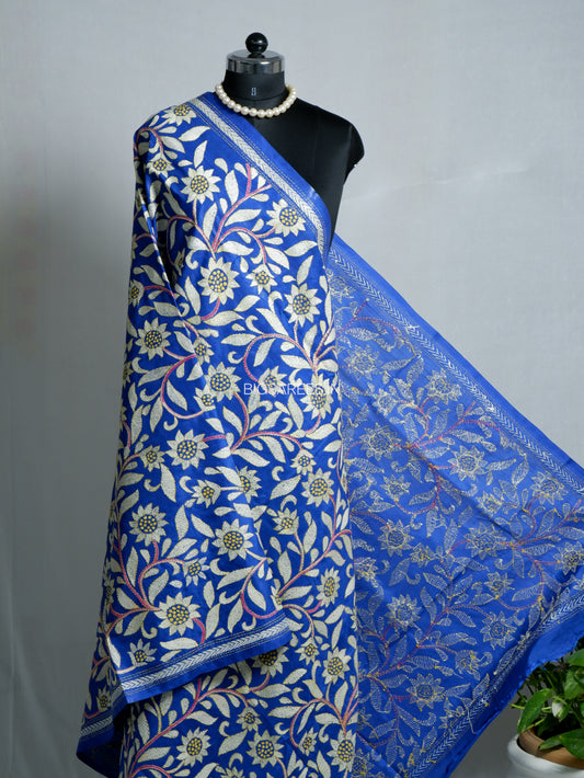 Kantha Hand-Embroidered Dupatta | Blended Bangalore Silk | Full Work | Blue