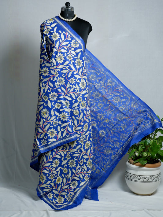 Kantha Hand-Embroidered Dupatta | Blended Bangalore Silk | Full Work | Blue