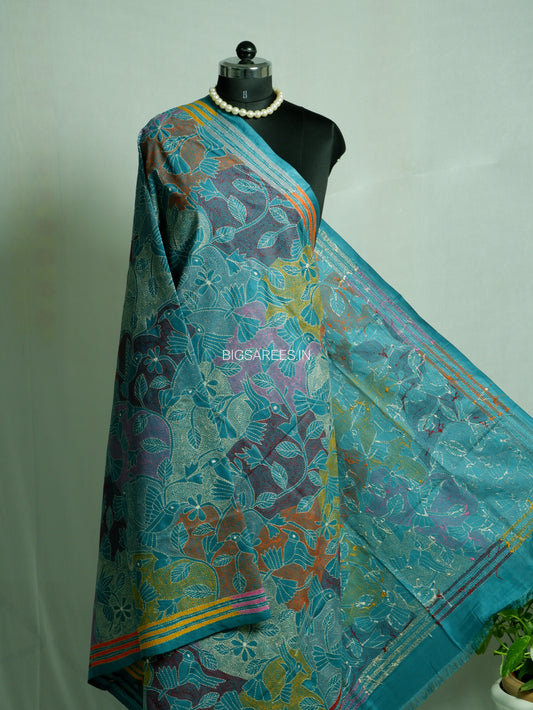 Reverse Kantha Hand-Embroidered Dupatta | Blended Bangalore Silk | Full Work | Teal