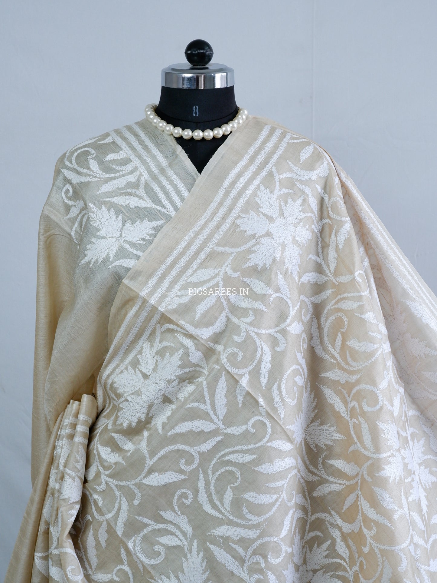 Kantha Stitch Hand Embroidered Saree | Pure Tussar Silk | Silk Mark Certified | Beige