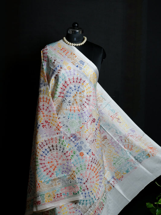 Kantha Hand-Embroidered Dupatta | Blended Bangalore Silk | Full Work | White