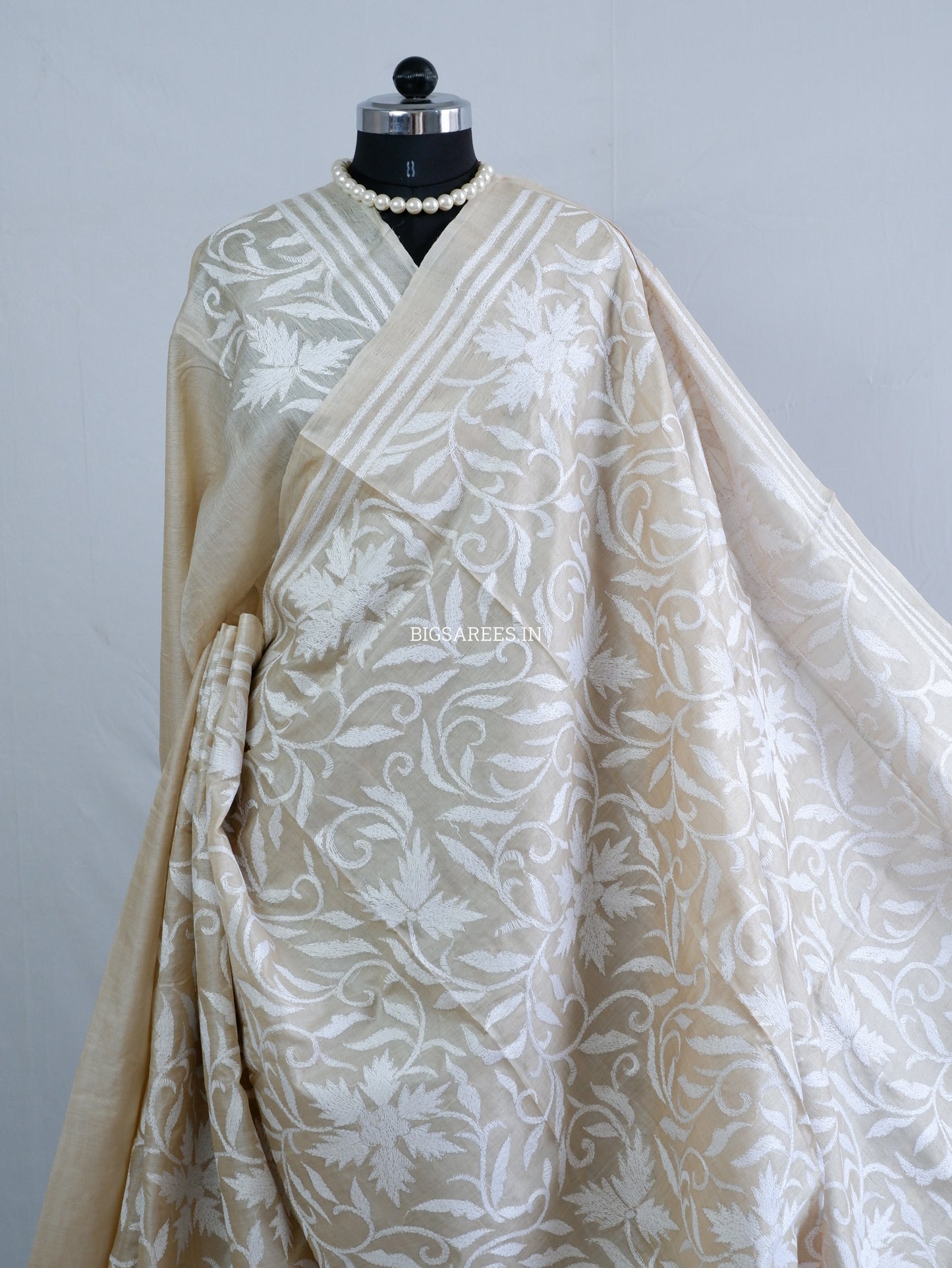 Kantha Stitch Hand Embroidered Saree | Pure Tussar Silk | Silk Mark Certified | Beige