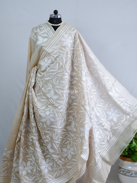 Kantha Stitch Hand Embroidered Saree | Pure Tussar Silk | Silk Mark Certified | Beige