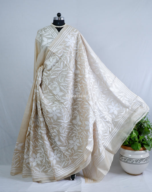 Kantha Stitch Hand Embroidered Saree | Pure Tussar Silk | Silk Mark Certified | Beige