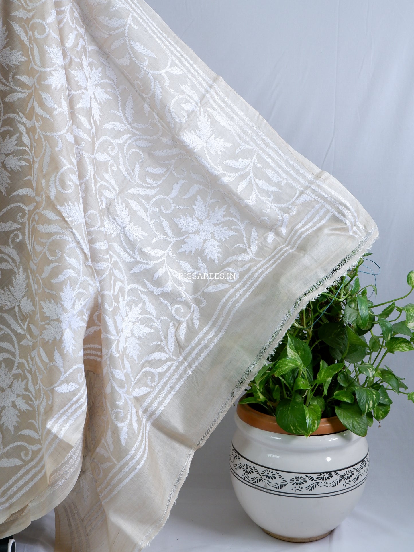 Kantha Stitch Hand Embroidered Saree | Pure Tussar Silk | Silk Mark Certified | Beige