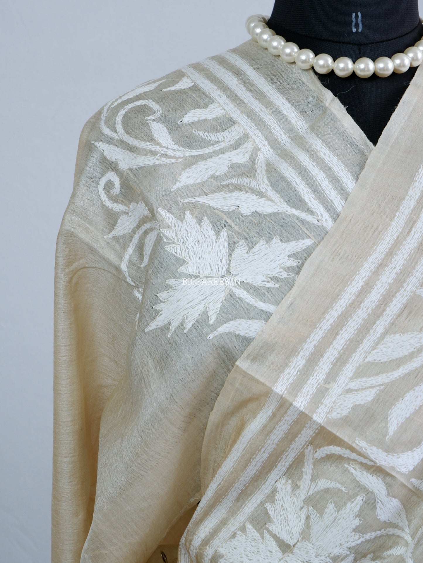 Kantha Stitch Hand Embroidered Saree | Pure Tussar Silk | Silk Mark Certified | Beige