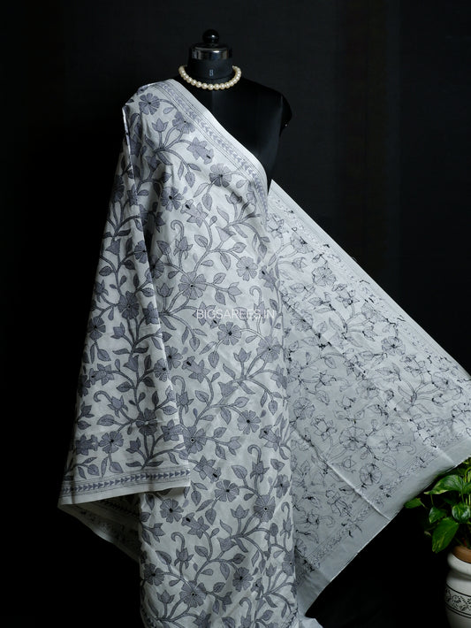 Kantha Hand-Embroidered Dupatta | Blended Bangalore Silk | Full Work | White