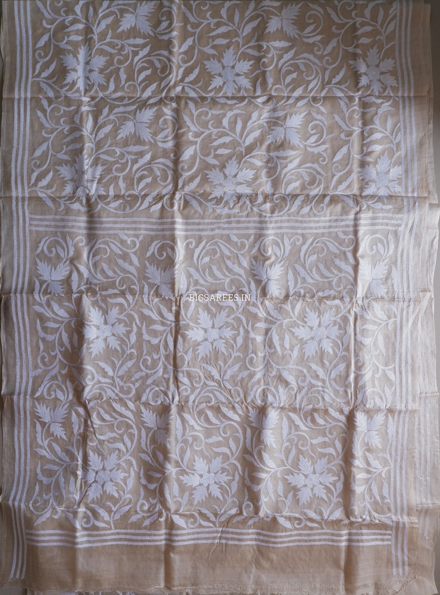 Kantha Stitch Hand Embroidered Saree | Pure Tussar Silk | Silk Mark Certified | Beige